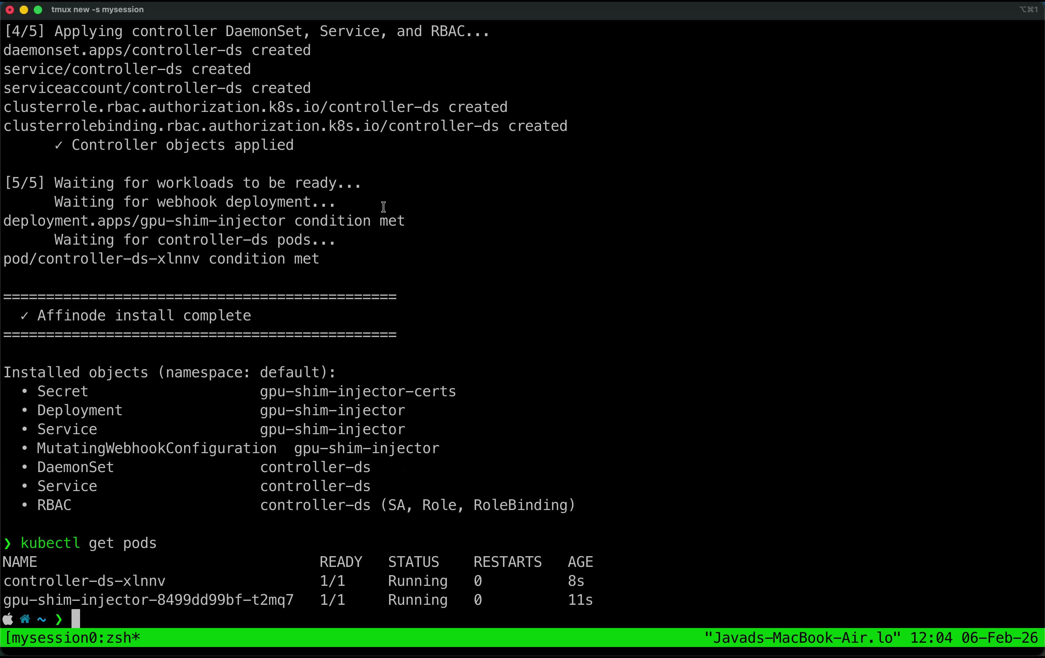 Terminal showing Affinode Helm install completing successfully with all Kubernetes objects created